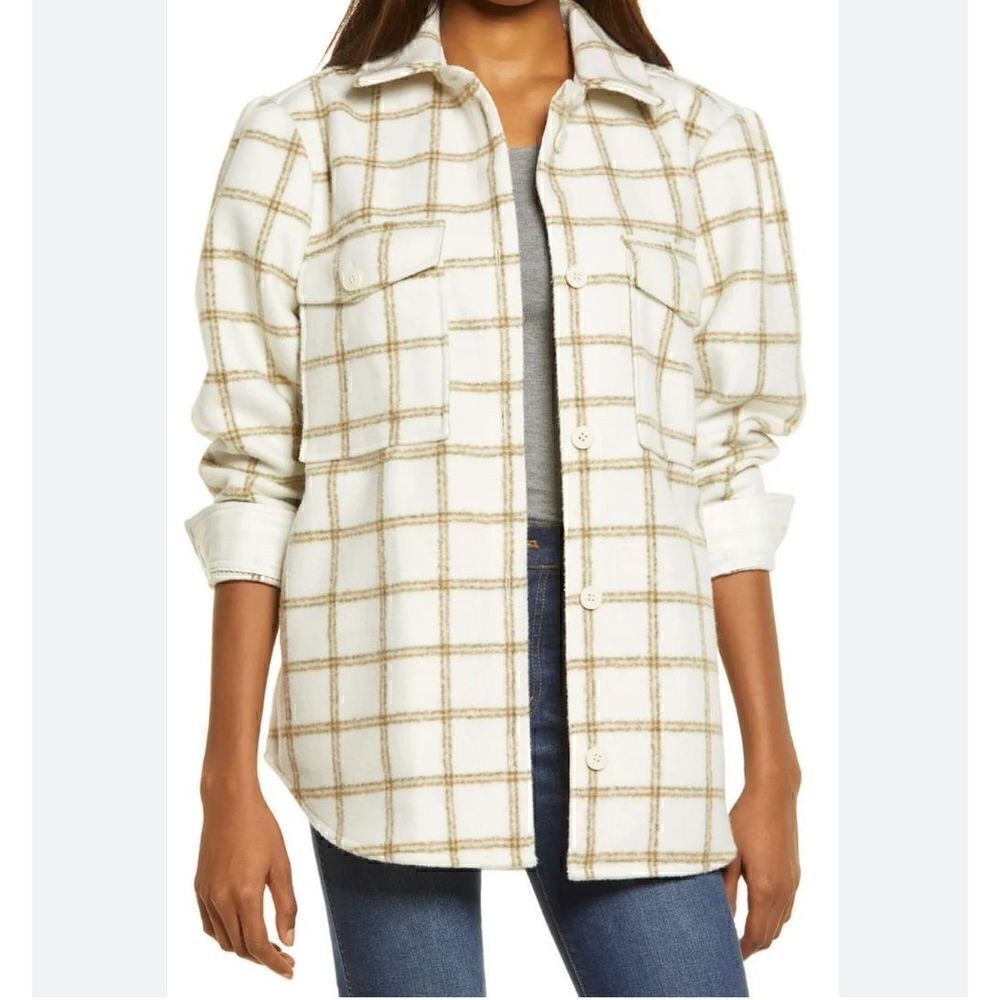Treasure & Bond Plaid Puff Sleeve Jacket, Ivory Carsonpane. Large. NWT